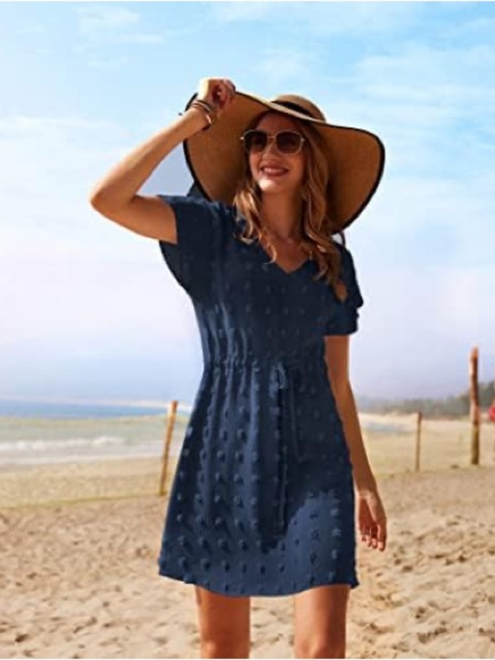 Ekouaer Navy Blue Beach Short Sleeve Beach Tunic Summer Bikini Cover V Neck